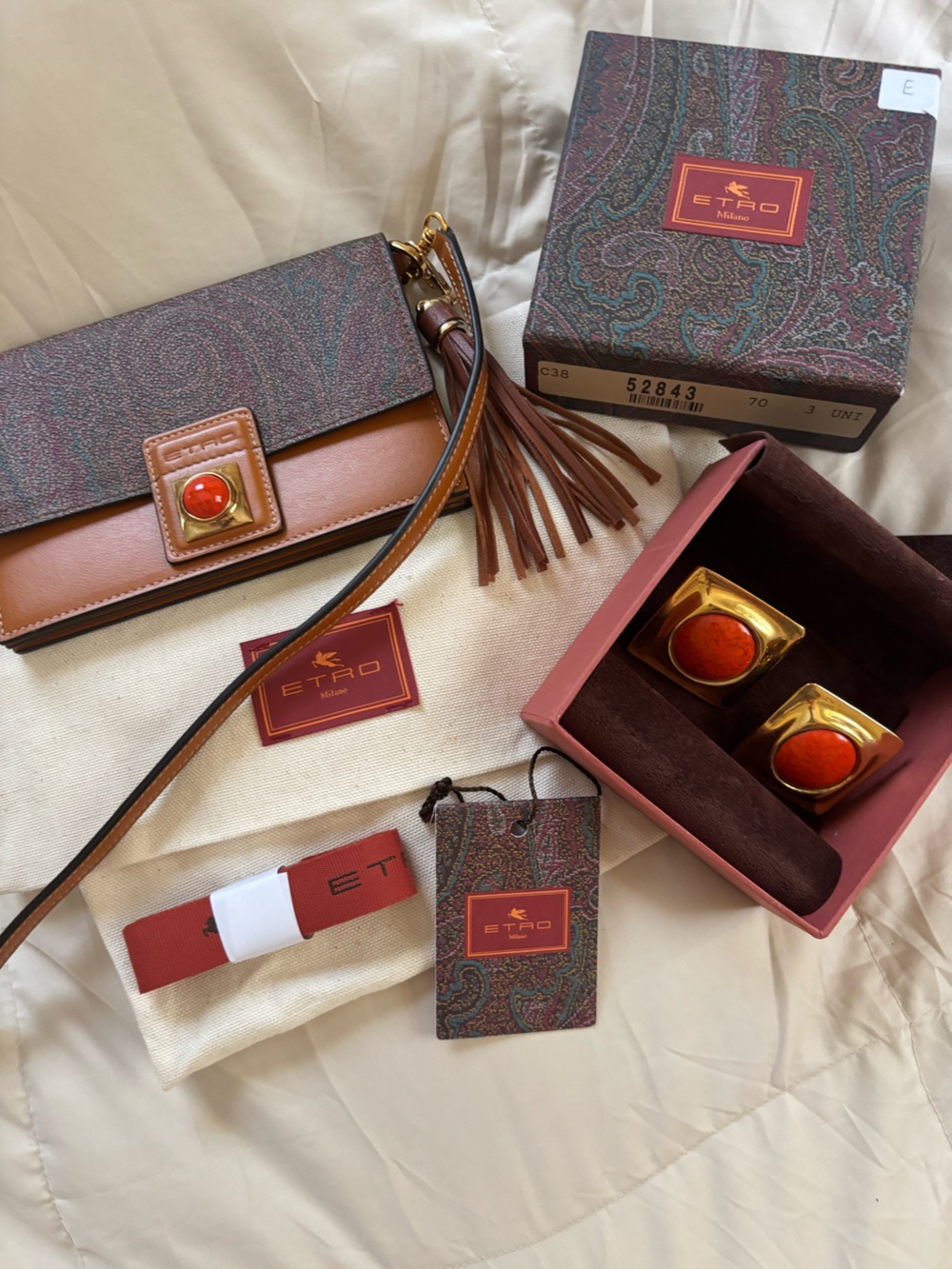 Etro Milano Paisley Crossbody Tan Leather Red Stone Gold Matching Earrings Boho - Picture 5 of 17
